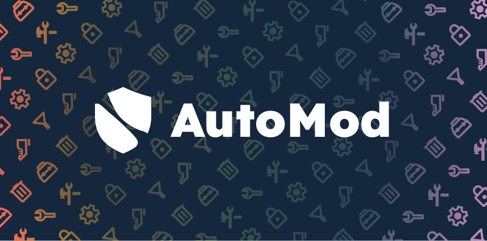 The AutoMod logo, featuring a shield with a strike in it and the text 'AutoMod' on a background of repeating icons in a rainbow gradient.